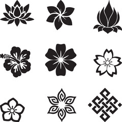Black Flower and Knot Symbols Vector Set - Elegant Decorative Floral and Spiritual Designs.