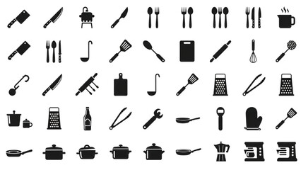 Kitchen Utensils and Cutlery Icon Set – Knives, Forks, Spoons, Spatulas, Whisks – Culinary and Cooking Vector Illustration
