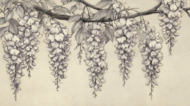 Cream-colored canvas with fine line art of wisteria flowers hanging from above