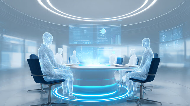 Futuristic virtual meeting room with holographic displays discussing innovative ideas and strategies for growth.