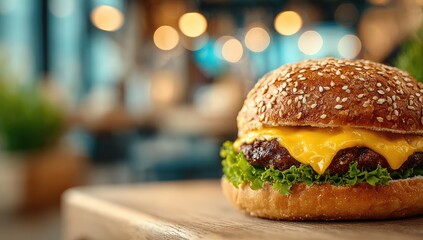 Close-up of a cheeseburger on a wooden board in a restaurant