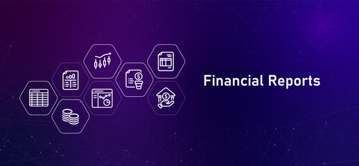 Financial Reports icons related to finance and accounting charts spreadsheets money quarterly earnings annual reports cash flow balance sheet and other financial data for investors and public
