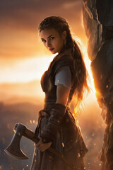 Painting of a female viking at sundown