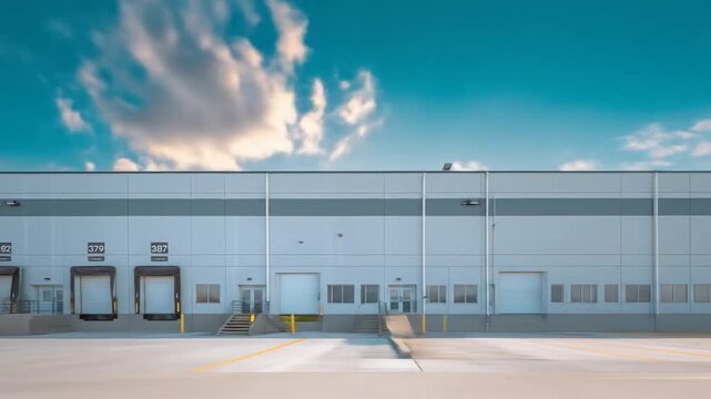 A modern warehouse exterior featuring loading docks under a bright blue sky with scattered clouds, showcasing the logistics sector in a bustling industrial area