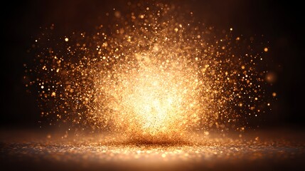 A dramatic display of golden glitter particles erupting and spreading across a dark surface, creating a festive and celebratory ambiance.