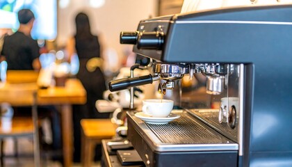 Espresso machine dispensing coffee in a cafe