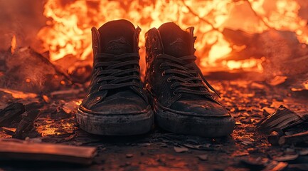 Worn black high-tops in ashes near fire