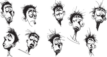 Character expression sketches: a collection of cartoon faces showing different emotions and moods.