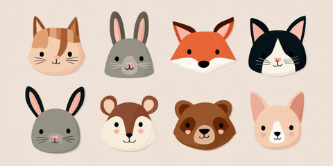 Fototapeta premium colorful collection of cute animal faces, including a cat, rabbit, fox, and bear, designed in a playful, cartoonish style.