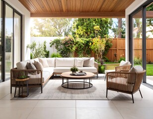 Modern outdoor living area with beige furniture and lush greenery