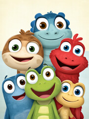 Obraz premium colorful group of cartoon frogs, each with unique expressions, showcasing a fun and playful atmosphere in a cheerful design.
