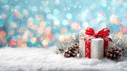 Christmas composition with white gift box, pinecones, and snowy decorations in festive atmosphere
