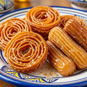 Zlebia et Bamieh tunisiennes, p&acirc;tisseries traditionnelles frites dor&eacute;es et tremp&eacute;es dans un sirop brillant, textures croustillantes et couleurs app&eacute;tissantes, servies dans une assiette tunisienne