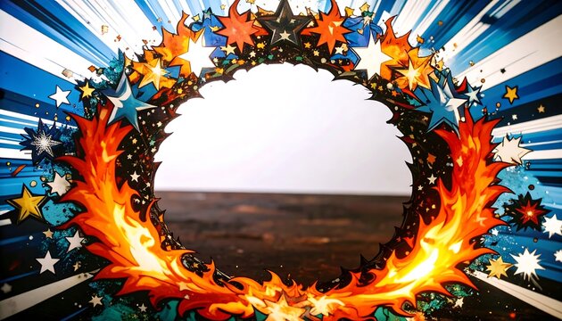 Colorful circular frame with stars and flames on a graphic background