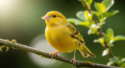 A vibrant yellow canary perched on a branch.