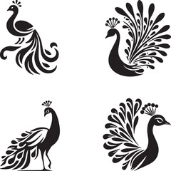 Fototapeta premium Elegant Peacock Silhouettes: Four unique silhouettes of majestic peacocks showcasing their exquisite plumage, each exuding grace and decorative charm in a minimalist design.