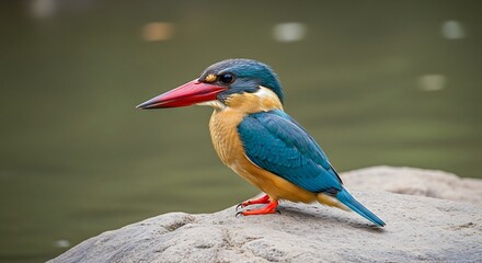 Fototapeta premium Colorful Kingfisher Bird Perched on Rock.