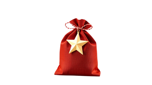 Red Christmas gift bag with golden star ornament isolated on transparent background. Perfect for holiday design, festive decorations, cards and digital projects.