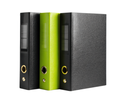 Organized office binders for efficient document storage and management on a transparent background, cut out