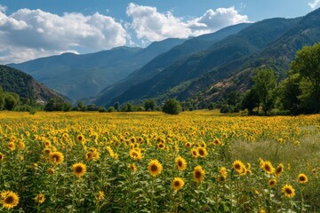 Fototapeta premium Sunflower fields blooming vibrantly in a scenic mountain valley under bright summer skies