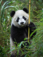 Fototapeta premium A panda is sitting in the green bamboo forest, holding onto one large yellow bamboo stick with its paws and looking at it happily. The photo was taken from an overhead perspective, showing that there 