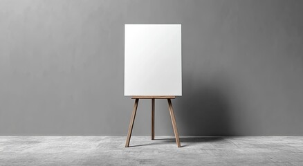 Blank poster on wooden easel against gray wall