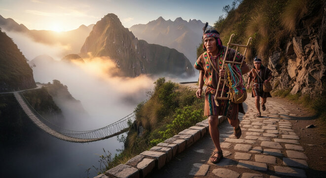 Fototapeta Inca road messengers (chasquis) running in Andes Mountains, rope bridge, quipu in hand, misty sunrise