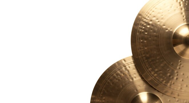 Close-up of two shiny golden brass cymbals from a drum kit isolated on a white background with copy space, representing rhythm and musical percussion.