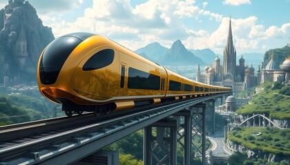 Futuristic yellow train travels across a scenic mountain valley over a bridge, passing a fantasy city.