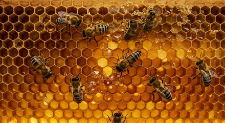 Golden Honeycomb with Bees Gathering Sweet Honeycomb in Close Up