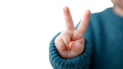 Childs hand making a peace sign isolated on transparent background