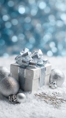 Christmas gift box with silver ribbon surrounded by silver baubles on snowy surface against blue festive bokeh background