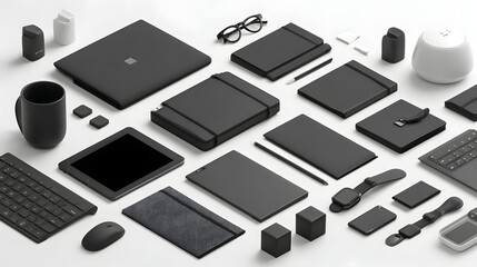 A monochrome arrangement of various modern electronic devices and accessories, showcasing a sophisticated and minimalist aesthetic.