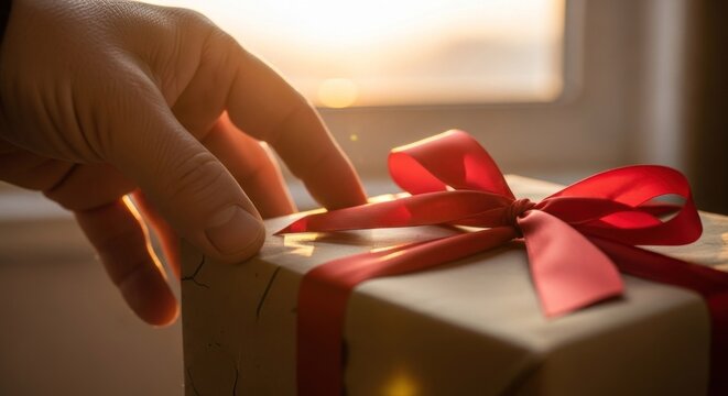 Hand reaches for a wrapped present with red ribbon, warm light
