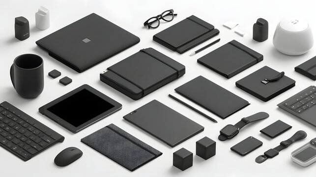 A monochrome arrangement of various modern electronic devices and accessories, showcasing a sophisticated and minimalist aesthetic.