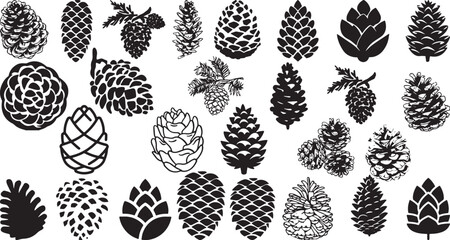 A diverse collection of black and white pine cones, with detailed and simple styles.