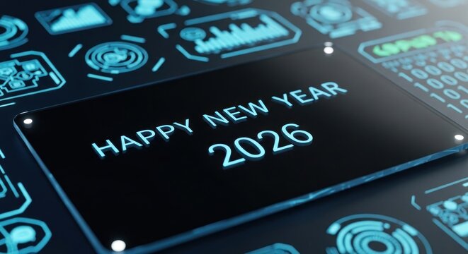 Happy New Year 2026" display on a dark futuristic interface