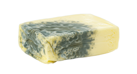 Close up view of a block of cheese with visible mold growth on its surface against a solid color plane