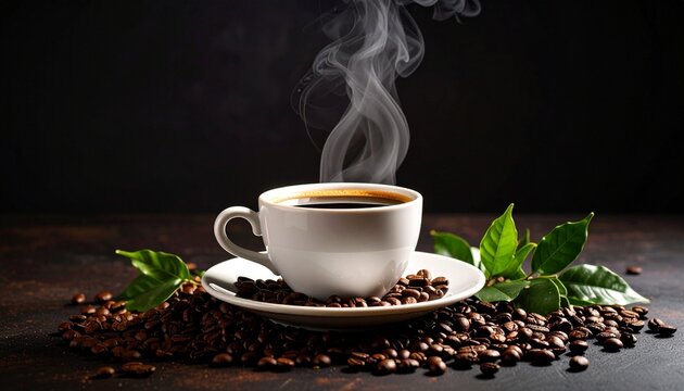 A steaming cup of coffee in a white mug placed on a dark solid background
