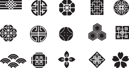 Black and white Asian and Japanese traditional symbols and patterns vector art
