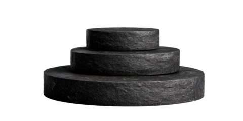 Three circular, tiered, dark gray stone-like platforms