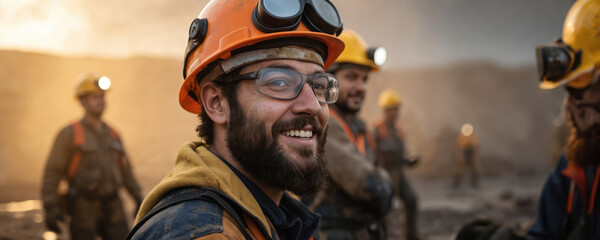 Miners in safety gear smile working in quarry. Men wear hard hats with headlamps and safety glasses. Rugged teamwork, resilience, progress evident in challenging outdoor industry environment.