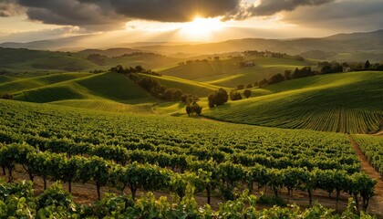 Naklejka premium Serene vineyard at sunset with orange, yellow sky. Warm glow over green landscape. Sun sets behind hills, breathtaking backdrop. Grapevines stretch out into distance, rows of green. High-angle