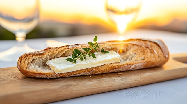 Baguette with brie and herbs on a wooden board at sunset