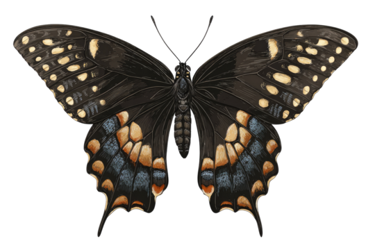 Detailed illustration of a black and brown butterfly with intricate markings