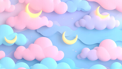 3D seamless pattern of pastel clouds and moons