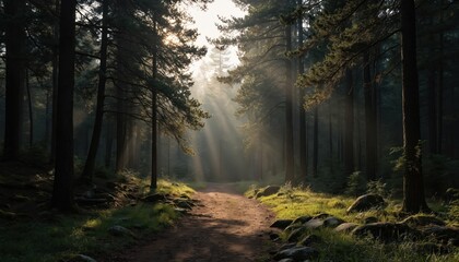 Obraz premium Sunlight streams through tall pine trees onto winding forest trail. Tranquil scene captures serene beauty of nature path amidst rich plants, shadows. Perfect for evoking peacefulness, adventure in