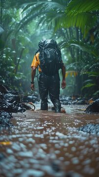 Explorer's Journey Through the Jungle: A solitary figure trudges through a muddy stream in a dense, vibrant jungle, backpack in tow.