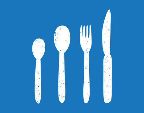 silverware spoon, tablespoon and teaspoon, fork and knife textured grunge icon silhouette set. 