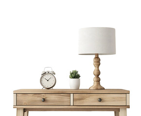 Wooden table with lamp, alarm clock, and plant isolated on transparent background
